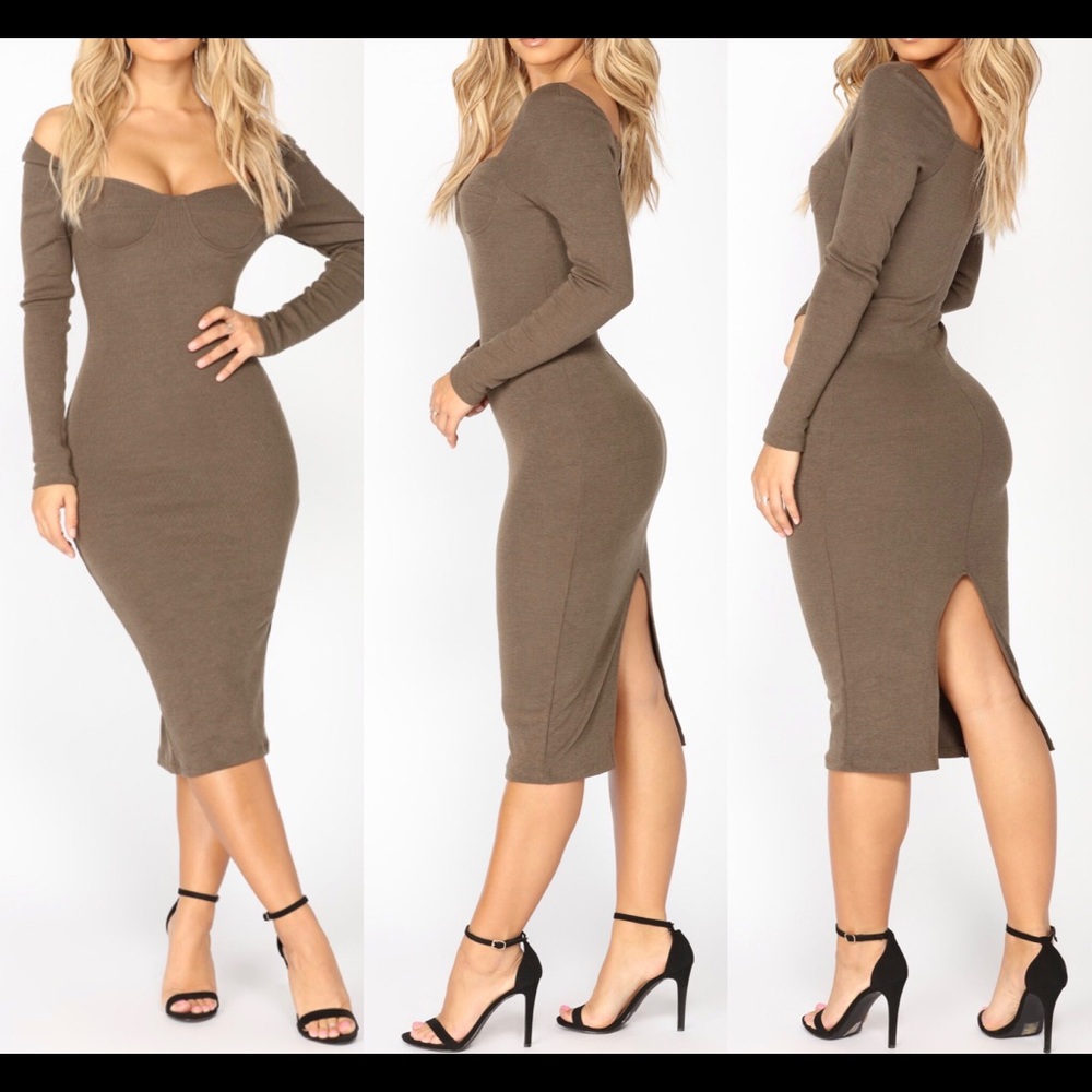 🚨 SOLD!!!!! OFF SHOULDER OLIVE GREEN MIDI DRESS